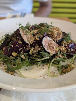 Salad special with roasted beets, pistachios, mizuna, mission figs, and teleme cheese