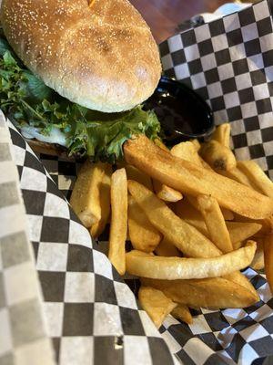 Bourbon Bacon Burger with fries