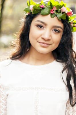 Using one of her beautiful floral halos for a photoshoot