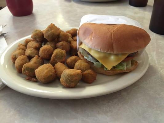 Cheeseburger with fried okra