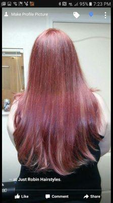 After the color correction.
Baby pink underneath with a beautiful medium auburn on top.