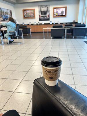 Spending the next 2+ hours waiting for car maintenance.  Coffee definitely helps!