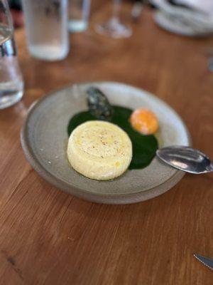 This is the Sformato of house-made ricotta with spinach, nutmeg and egg yolk!