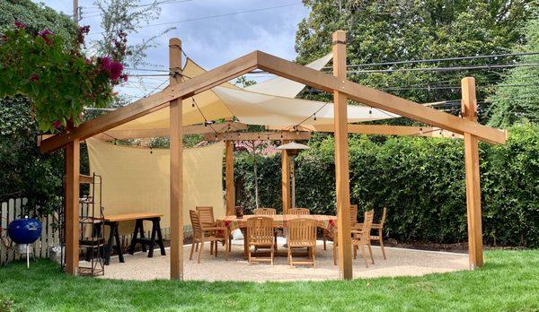 Modern Pergola, western cedar, stabilized gravel floor