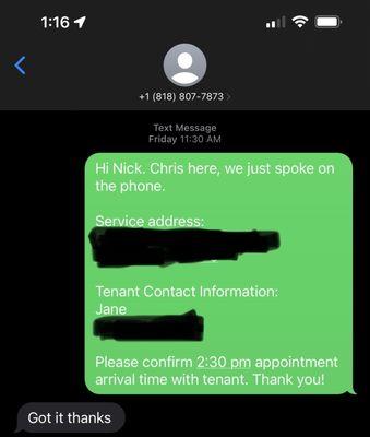 Owner responded to my review, claiming I never texted him with a service address. Proof that he's lying.