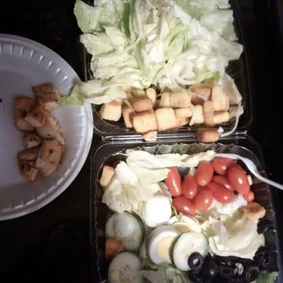 Salad with Grilled Chicken. Notice the whole head of lettuce, lots of Croutons, and of course 8 small pieces of chicken + 30min wait = 11.00