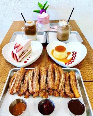 Mini churros, cake of the day, flan, frozen mocha, horchata latte, chocolate abuelita bombon brûlée.