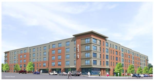 Opening Fall 2013! Exterior rendering of The 401 Lofts at Main Street and E Cedar Street.