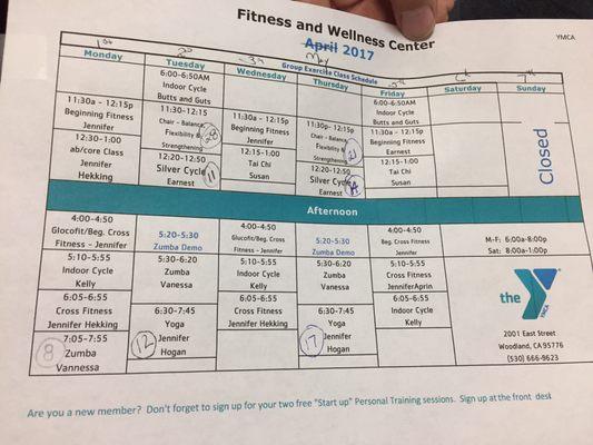 Month schedule for classes.