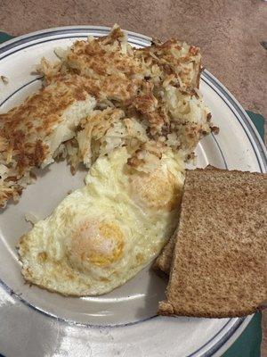 Two eggs, Hashbrowns and Toast