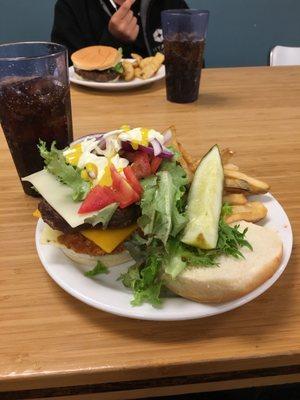 Spicy chicken triple cheese burger and fries!