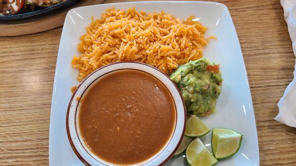 Rice, Refried Beans and Guacamole for Alambres platter