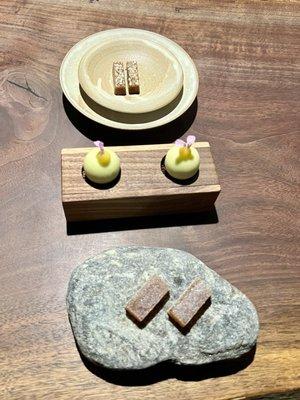 (bottom) passionfruit pate de fruit, (middle) geranium milkshake, (top) candy cap salted caramel