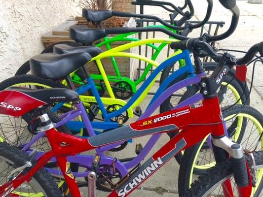 Colorful array of bikes, inside and out!