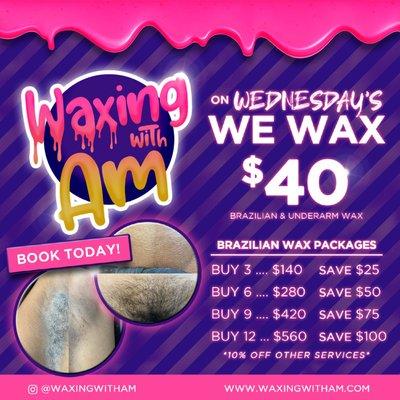 On Wednesdays We Wax! $40 Brazilian & Underarm Wax 
 
 Brazilian Wax memberships are available!