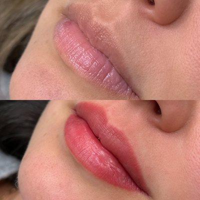 Lip blushing before and right after