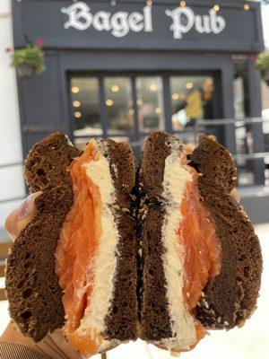 Pumpernickel everything bagel w/ lox and tofu cc