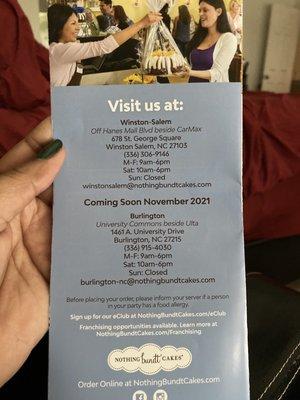 Back of brochure, showcasing the wedsite, locations