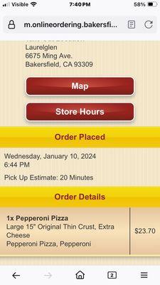 Order confirmation of garbage pizza.