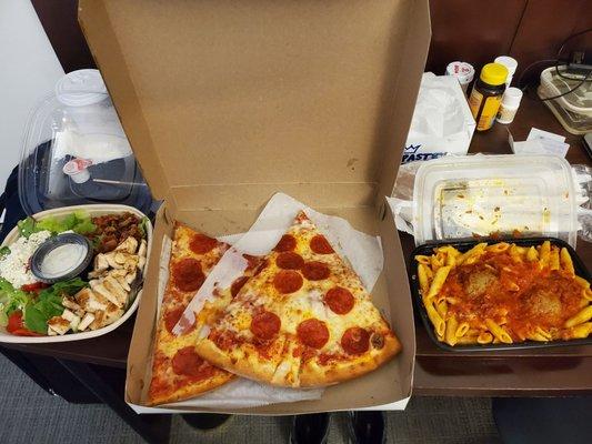 Cobb Salad, pepperoni pizza, medium pasta with bolognes sauce and meatballs.