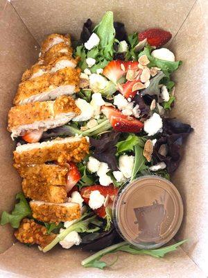 Strawberry feta almond salad with house made maple balsamic vinaigrette and fried chicken