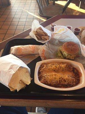 Double beef enchilada smothered mild sauce, taco burger, beef sancho with sour cream, tortilla chips and delicious crustos!