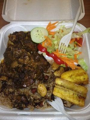 Oxtail dinner. Rice and peas. Salad. $12