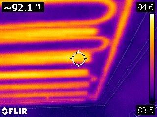 Thermal imaging of ceiling radiant heating.