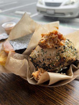 pan-fried spicy salmon miso onigiri