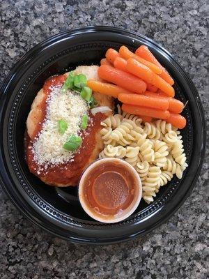 Chicken Parmesan with Rotini, Marinara, and Baby Carrots.  Only 690 Calories.  And only at the CAST Kitchen.