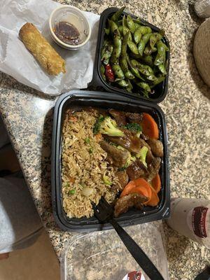 Beef and broccoli, edamame, egg roll and cookies and cream boba