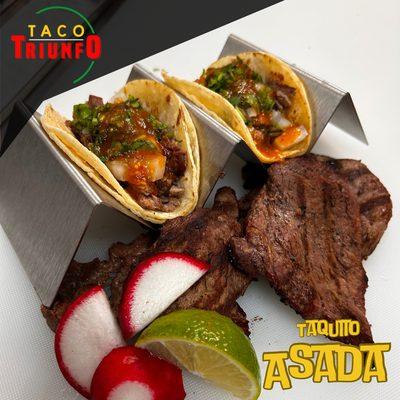 Our Famous and delicious Asada taquito, made with the highest quality meat, cooked directly on the fire with the grill.