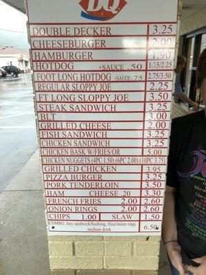 Mini menu on post outside. This DQ has outside seating take out or eat in car only. No indoor seating but good food.