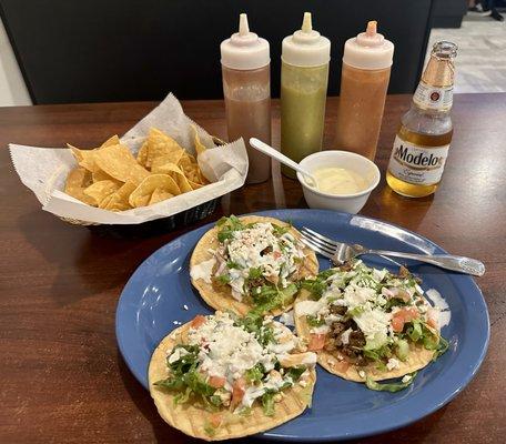 Tostadas - asada, pollo, and carnitas. Their sauces are fantastic as is their food.