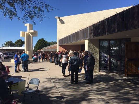 Front of busy church.