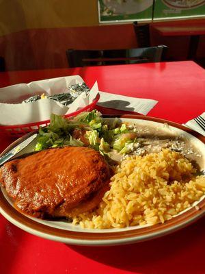 Bland Chile relleno, cold rice and beans