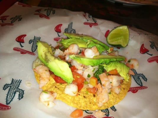 Lovely shrimp and avocado tostado.  Fresh and spicy!