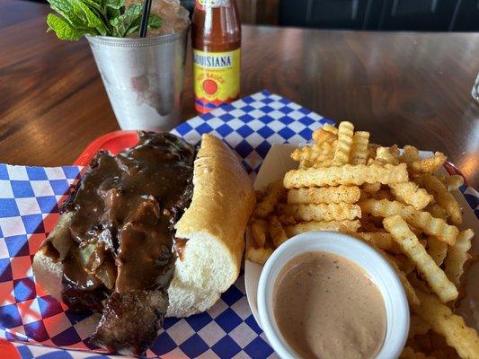 Roast Beef Po Boy (half), Fries, Remoulade, and Mint Julep