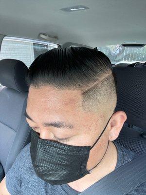 Went from man bun to comb over drop fade with hard line