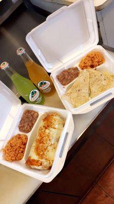 Wet Burrito rice and beans 
Quesadillas rice and beans