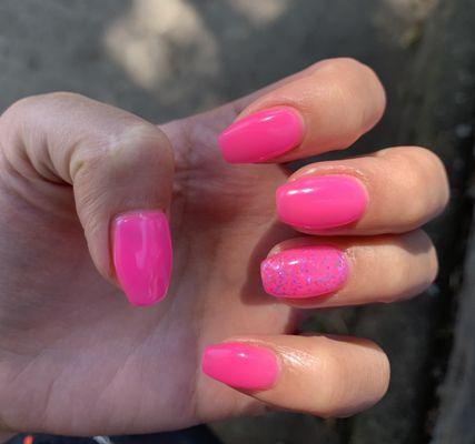 Neon pink with glitter accent nail