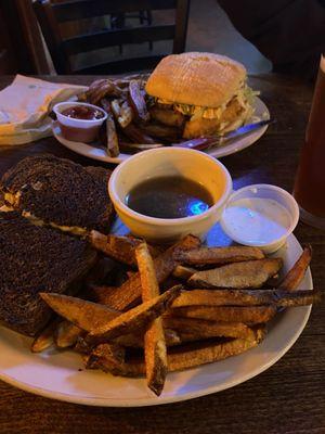 Patty melt, chicken bacon ranch sandwich, and handcut fries.