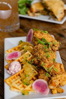 Khloe's Kitchen Adobo Chicken & Waffles with Jackfruit Salsa, & Ube Butter.