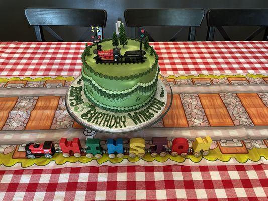 Train cake, dark chocolate cake with peanut butter fill.