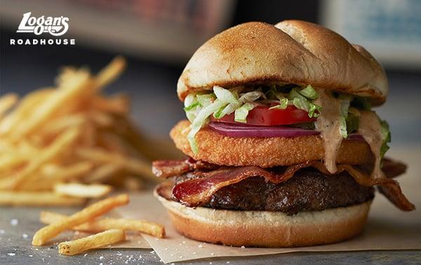 Fried Cheese & Bacon Burger: Fried cheese, thick-cut hardwood smoked bacon, lettuce, tomato, pickles, red onion & Amazin' Sauce.