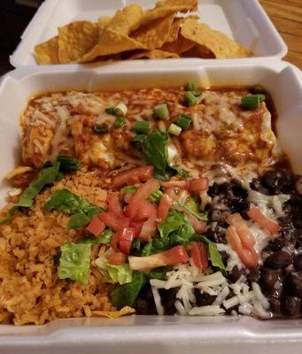 Red Chili burro enchilada style with rice and beans.