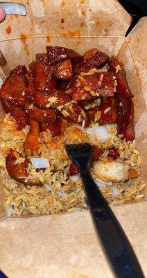 Boneless rib tips with shrimp fried rice