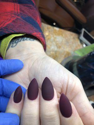 This acrylic with gel color and matte top ... Done by Tony at Royal Nails Morehead City 28557