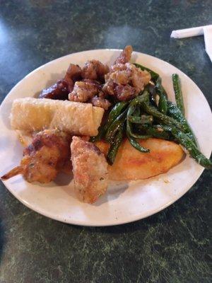 Fish, Asparagus, Egg Roll, Chicken, & Shrimp