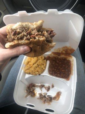 Small Pork Plate, Mac and Cheese, and Baked Beans